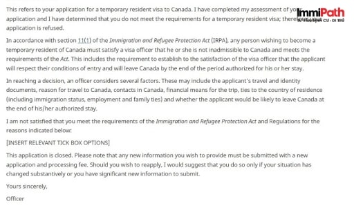 Thư từ chối visa Canada - ImmiPath